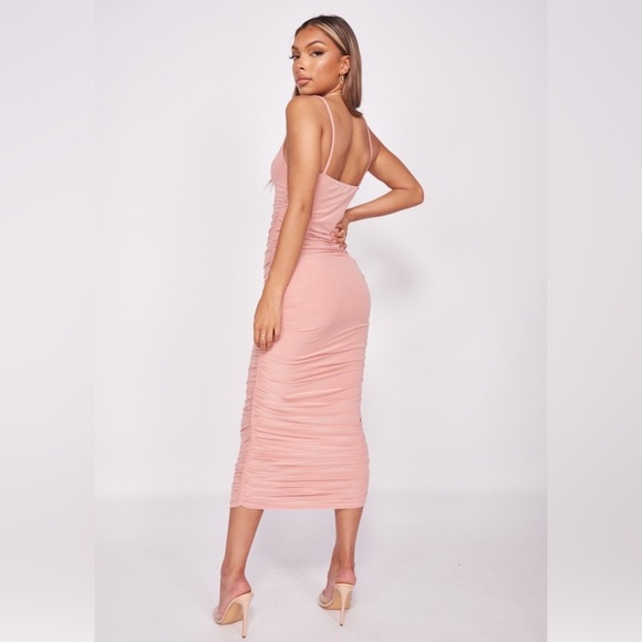 Beige Sleeveless Square Neck Ruched Bodycon Midi Dress - Picture 7 of 9